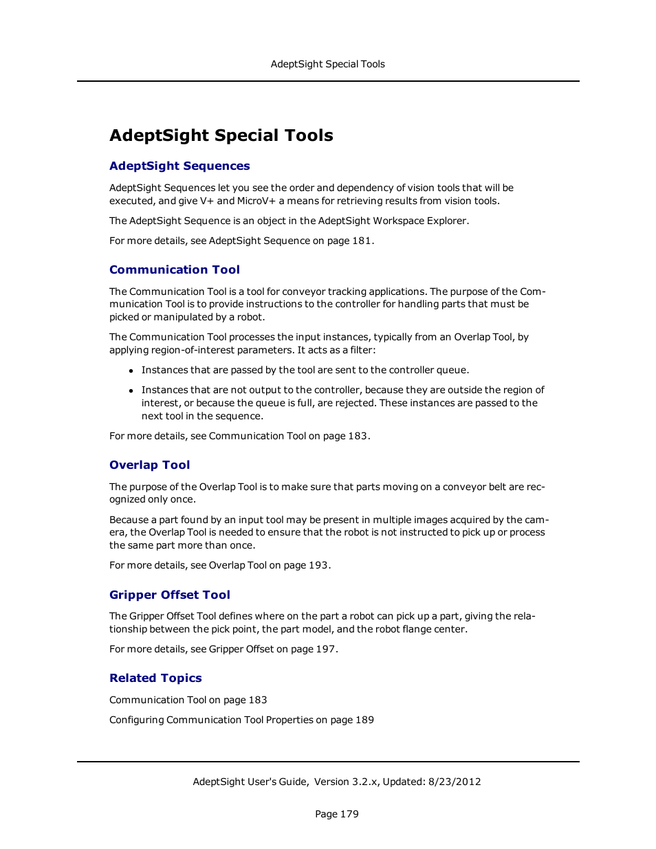 Adeptsight special tools, Adeptsight sequences, Communication tool | Overlap tool, Gripper offset tool, Related topics | Adept AdeptSight User Guide User Manual | Page 179 / 646