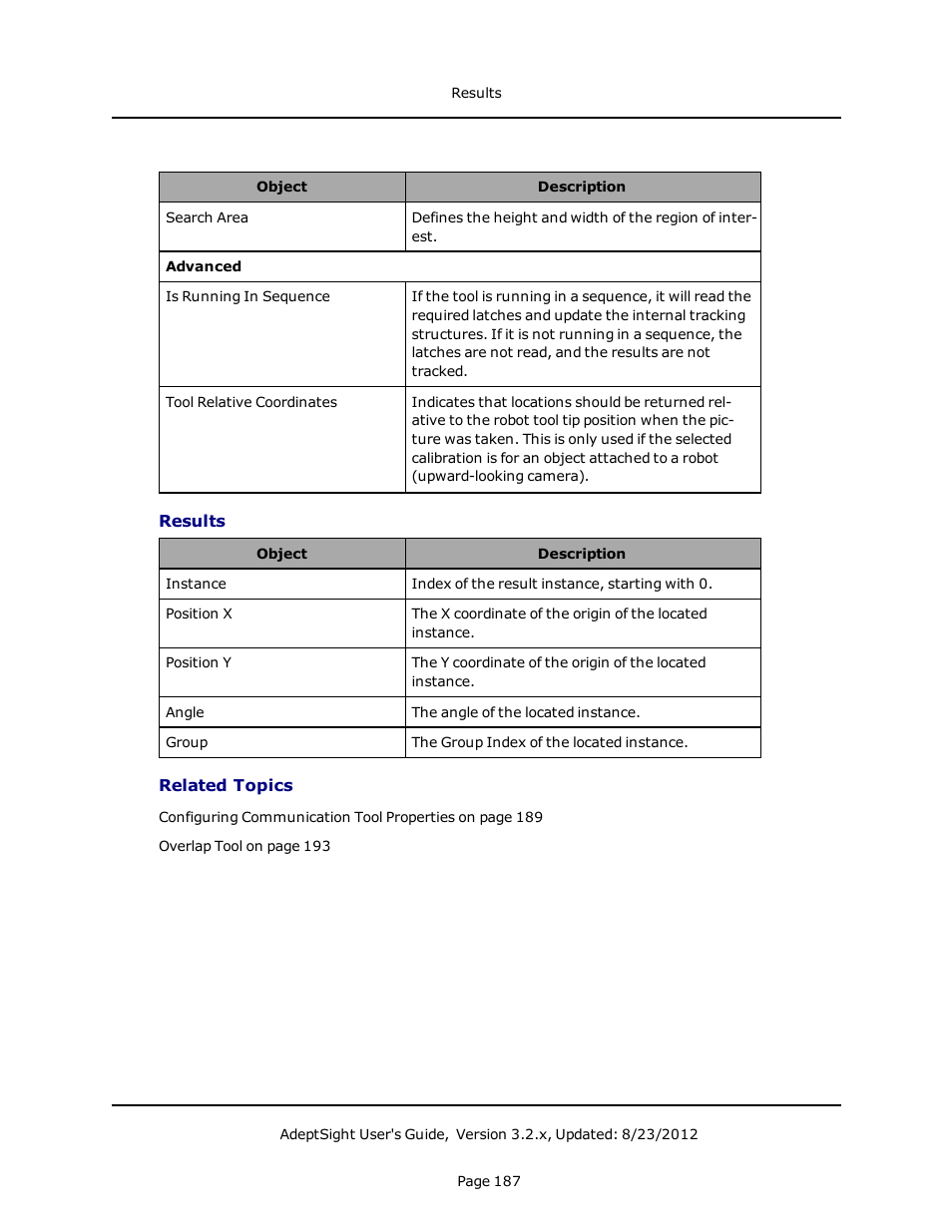 Results, Related topics | Adept AdeptSight User Guide User Manual | Page 187 / 646