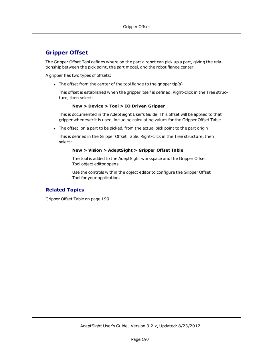 Gripper offset, Related topics | Adept AdeptSight User Guide User Manual | Page 197 / 646