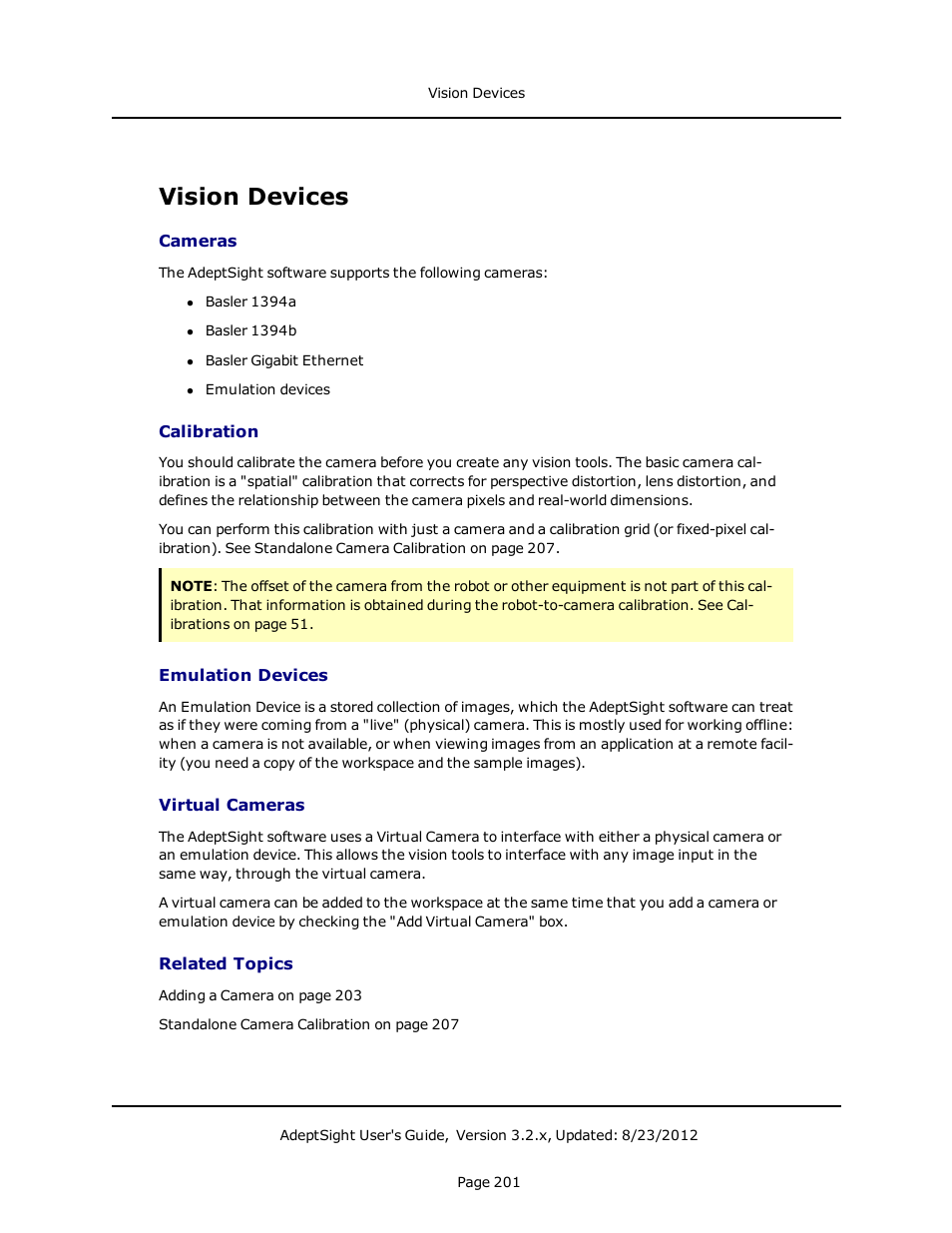 Vision devices, Cameras, Calibration | Emulation devices, Virtual cameras, Related topics | Adept AdeptSight User Guide User Manual | Page 201 / 646