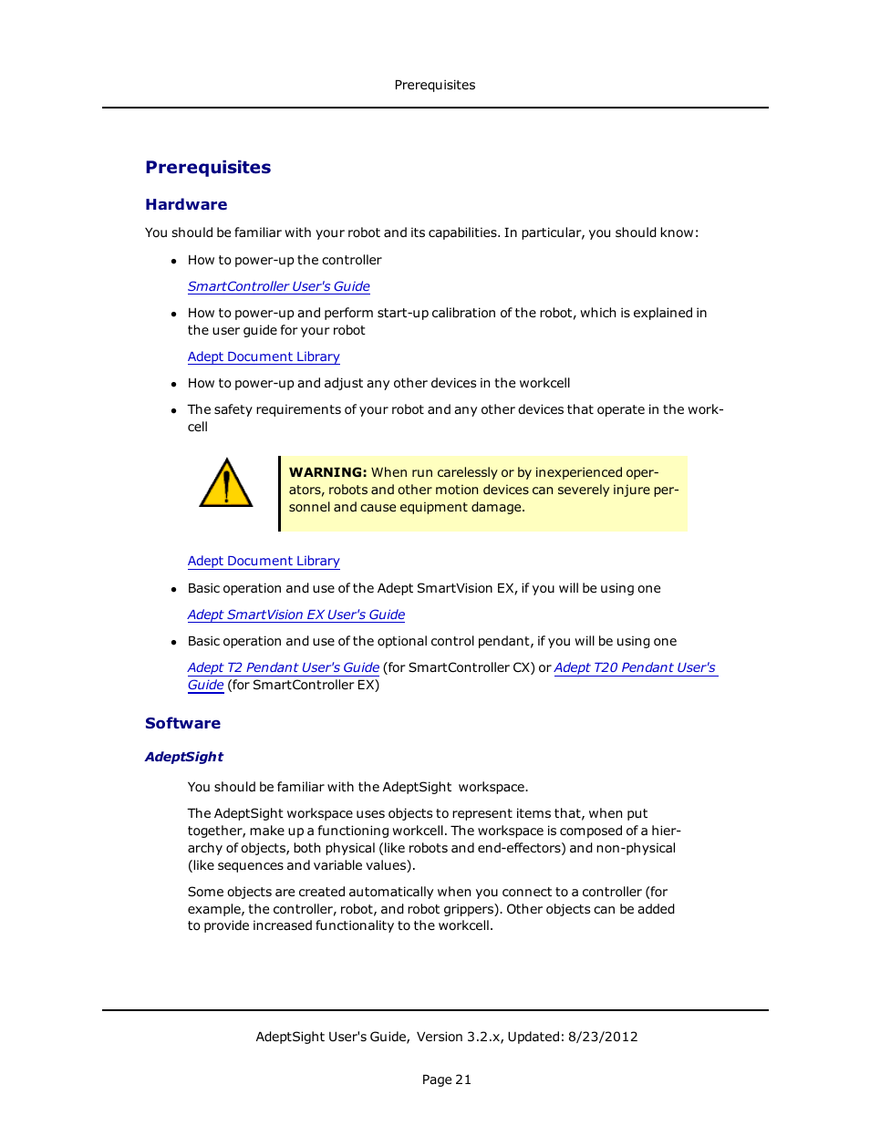 Prerequisites, Hardware, Software | Adept AdeptSight User Guide User Manual | Page 21 / 646