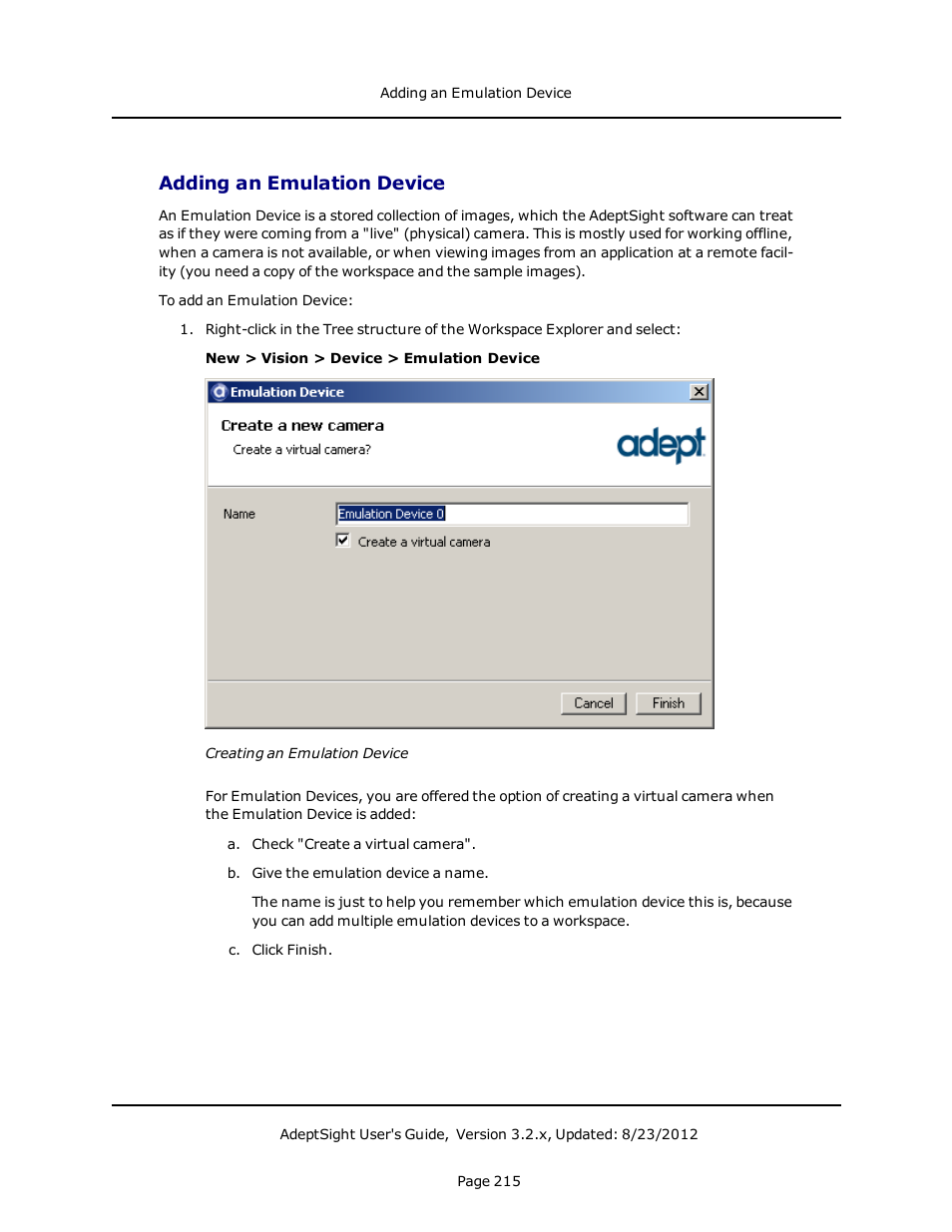 Adding an emulation device | Adept AdeptSight User Guide User Manual | Page 215 / 646