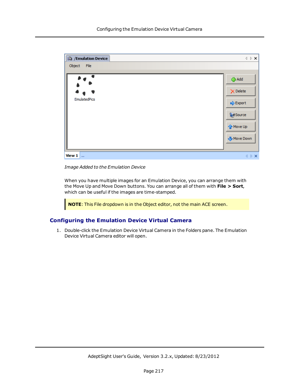 Configuring the emulation device virtual camera | Adept AdeptSight User Guide User Manual | Page 217 / 646