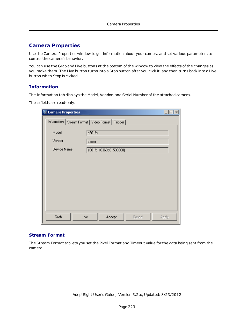 Camera properties, Information, Stream format | Adept AdeptSight User Guide User Manual | Page 223 / 646