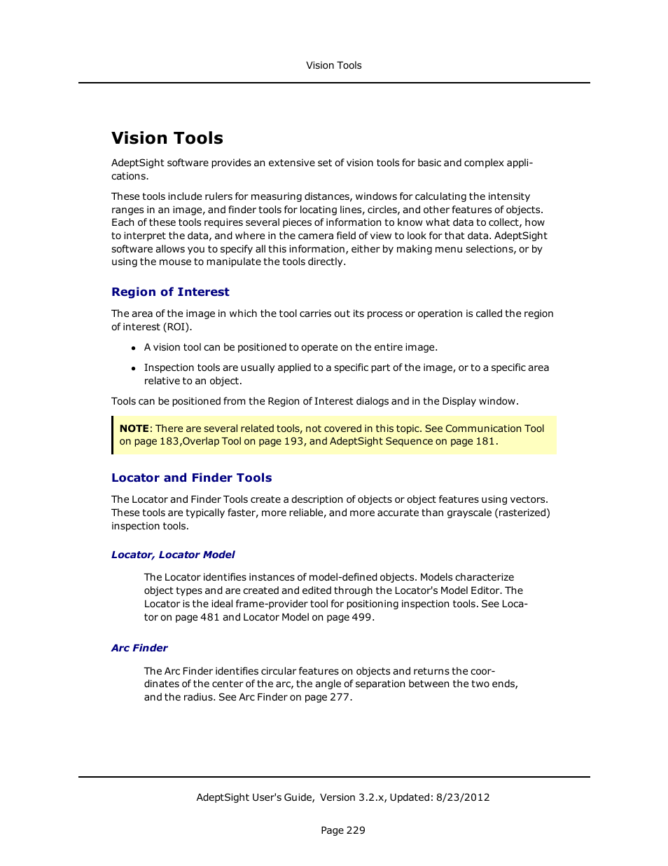 Vision tools, Region of interest, Locator and finder tools | Adept AdeptSight User Guide User Manual | Page 229 / 646