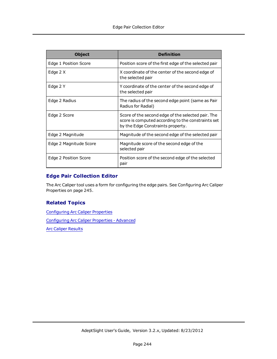 Edge pair collection editor, Related topics | Adept AdeptSight User Guide User Manual | Page 244 / 646