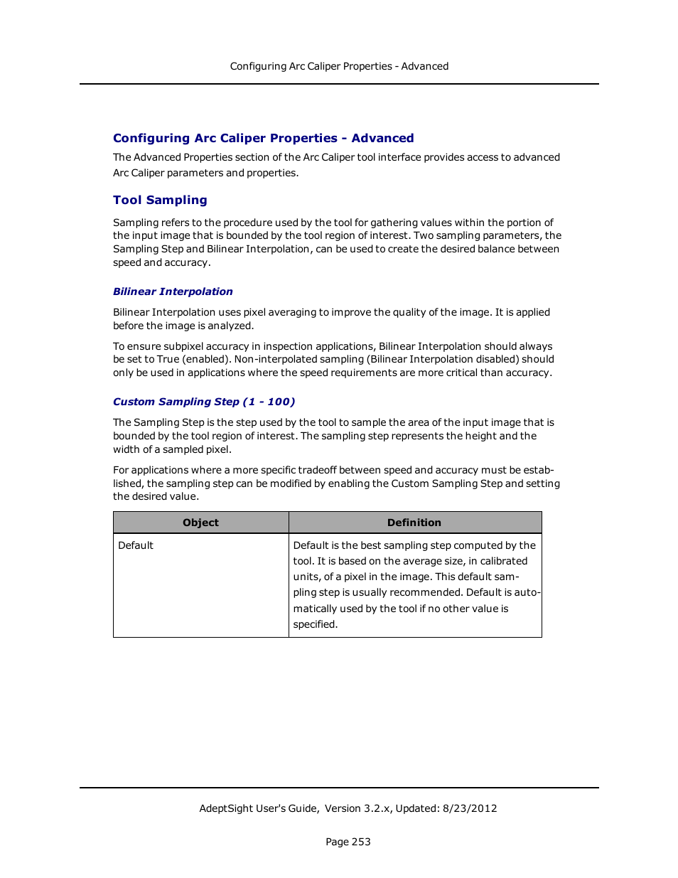 Configuring arc caliper properties - advanced, Tool sampling, Configuring arc caliper properties | Adept AdeptSight User Guide User Manual | Page 253 / 646