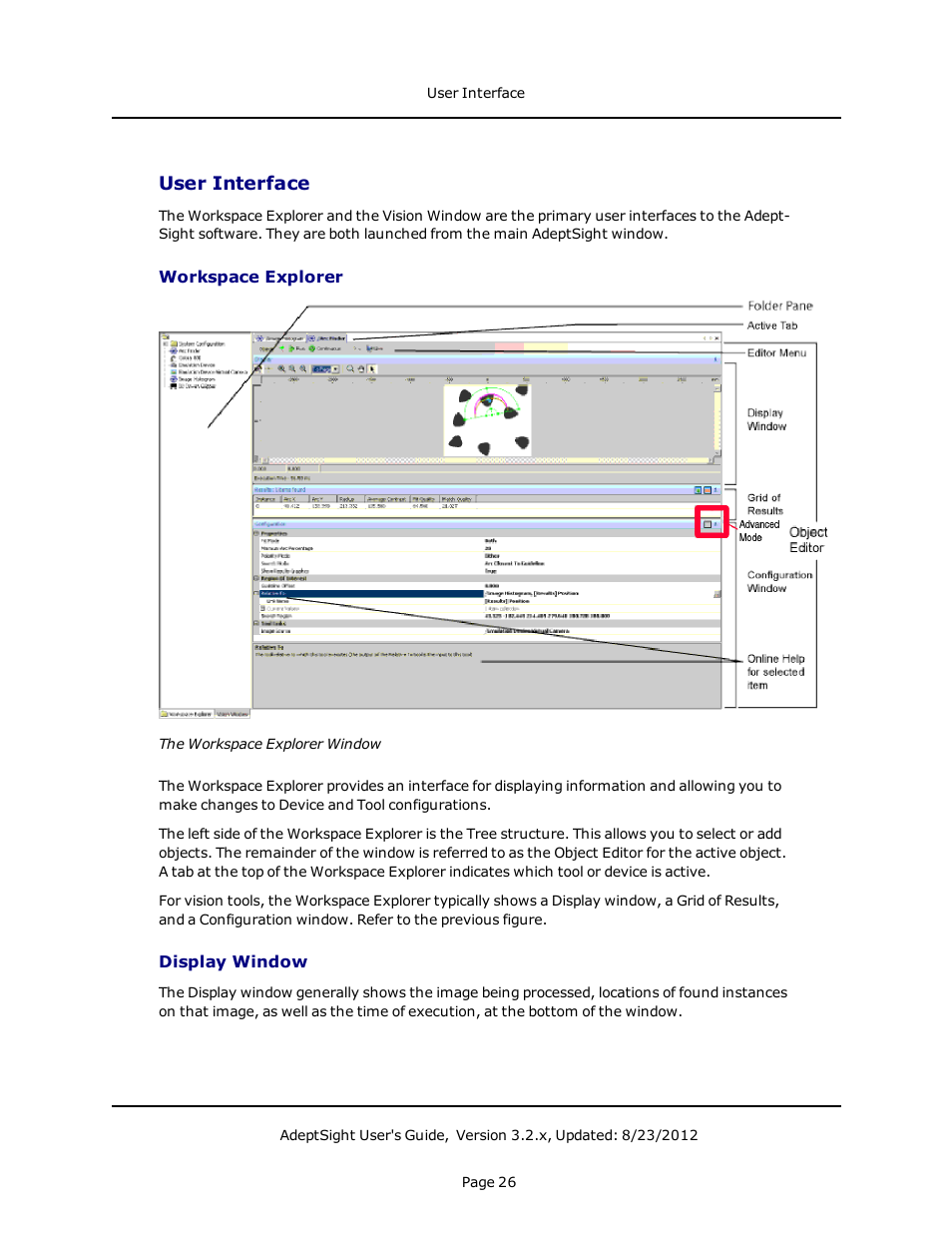 User interface, Workspace explorer, Display window | Adept AdeptSight User Guide User Manual | Page 26 / 646