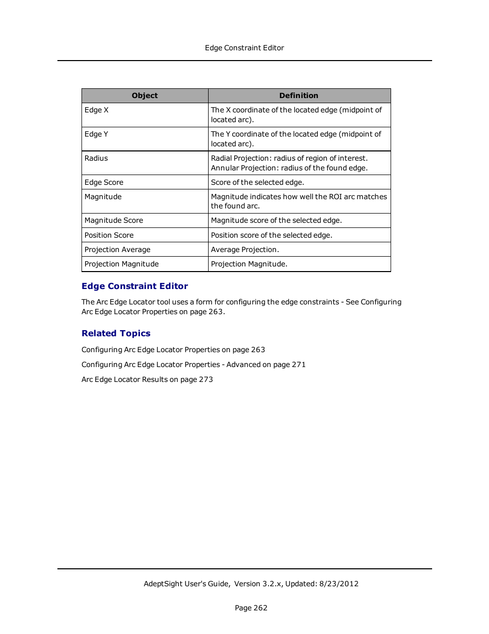 Edge constraint editor, Related topics | Adept AdeptSight User Guide User Manual | Page 262 / 646