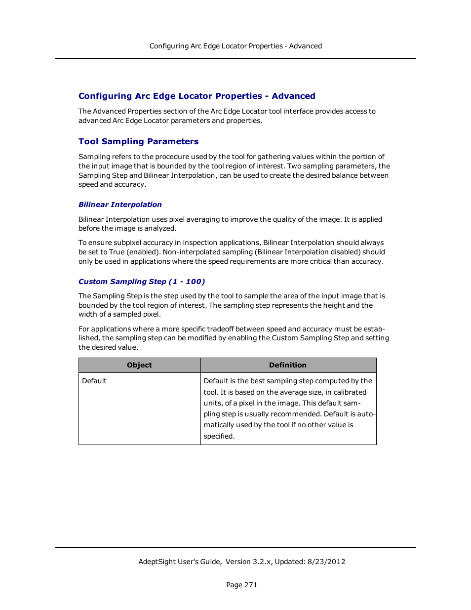 Configuring arc edge locator properties - advanced, Tool sampling parameters | Adept AdeptSight User Guide User Manual | Page 271 / 646