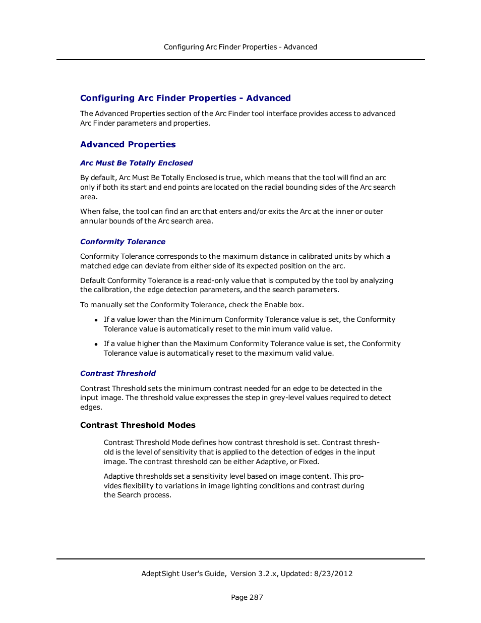 Configuring arc finder properties - advanced, Advanced properties | Adept AdeptSight User Guide User Manual | Page 287 / 646