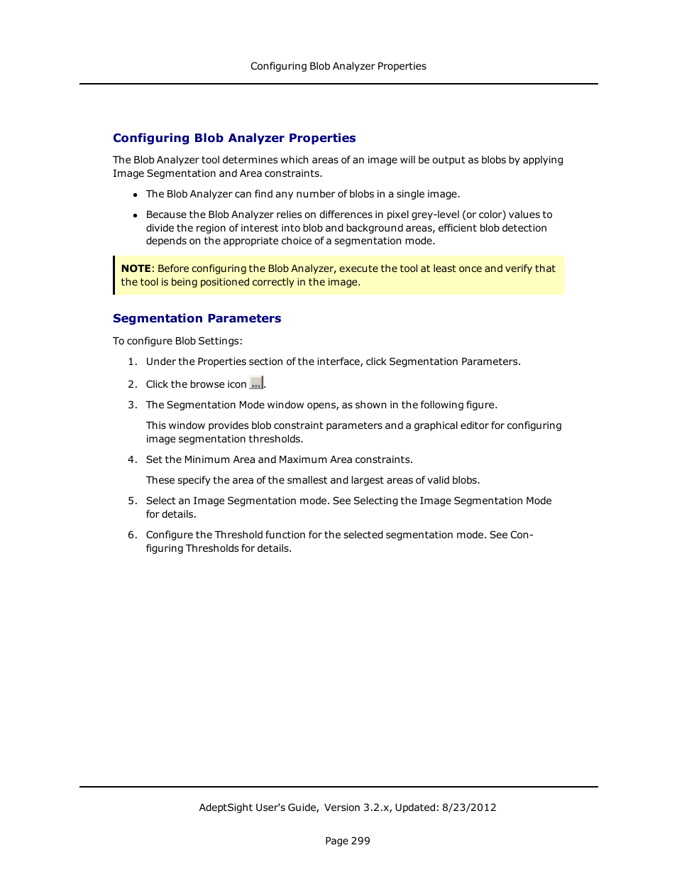 Configuring blob analyzer properties, Segmentation parameters | Adept AdeptSight User Guide User Manual | Page 299 / 646