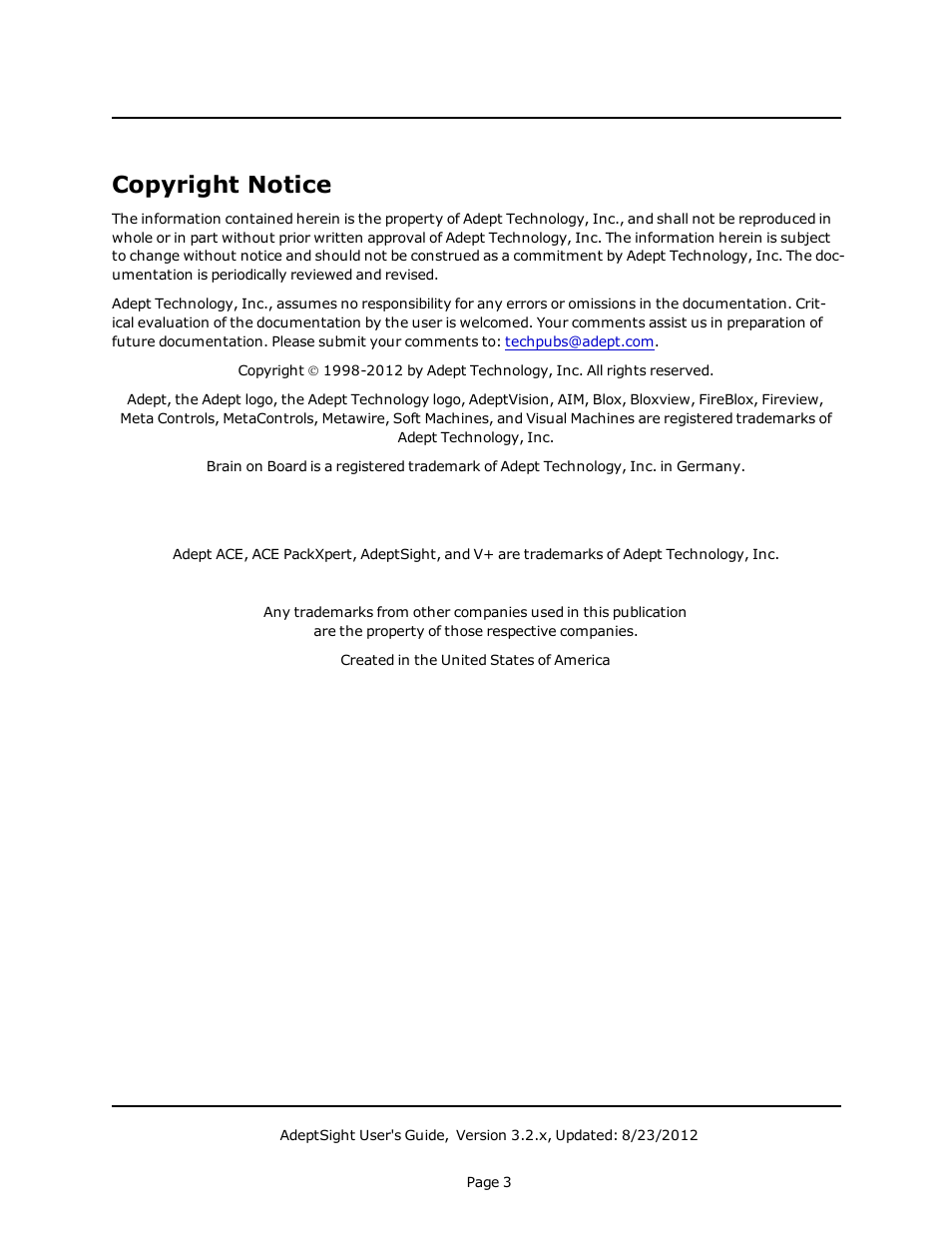 Copyright notice | Adept AdeptSight User Guide User Manual | Page 3 / 646