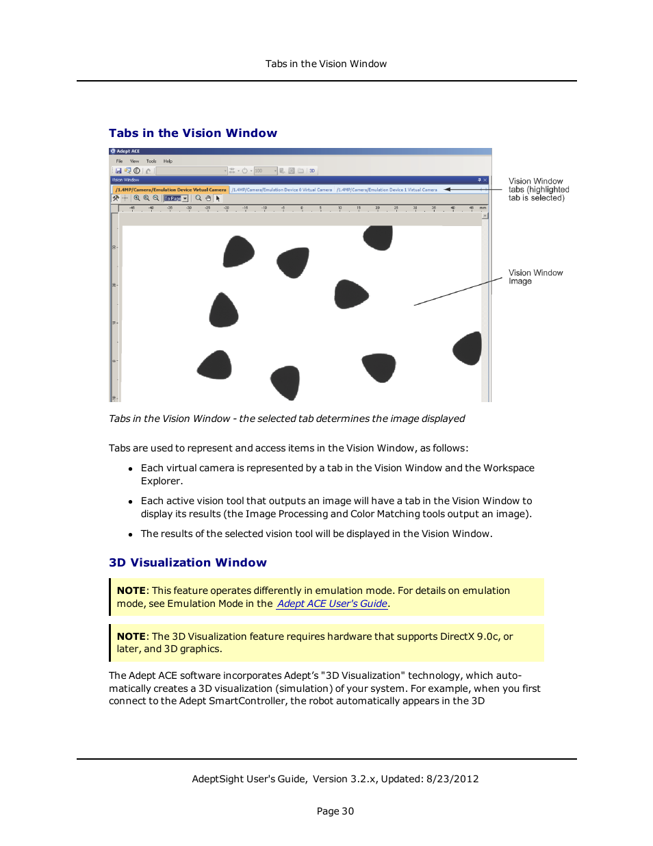 Tabs in the vision window, 3d visualization window | Adept AdeptSight User Guide User Manual | Page 30 / 646