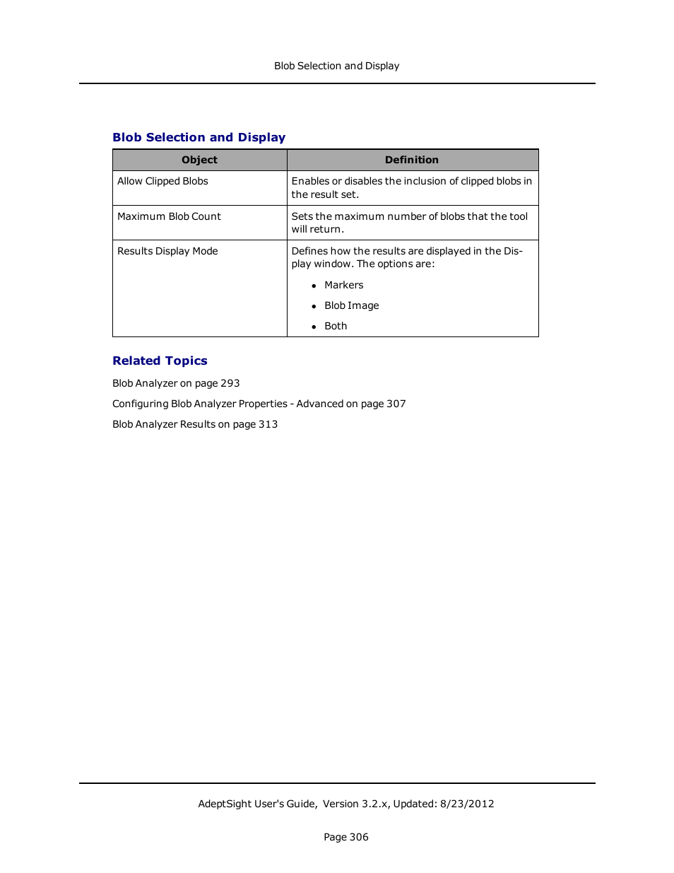 Blob selection and display, Related topics | Adept AdeptSight User Guide User Manual | Page 306 / 646