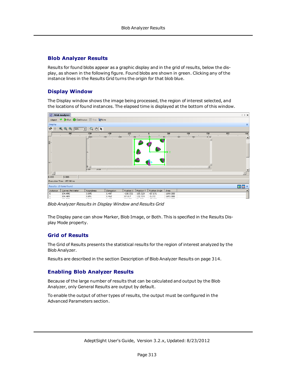 Blob analyzer results, Display window, Grid of results | Enabling blob analyzer results | Adept AdeptSight User Guide User Manual | Page 313 / 646