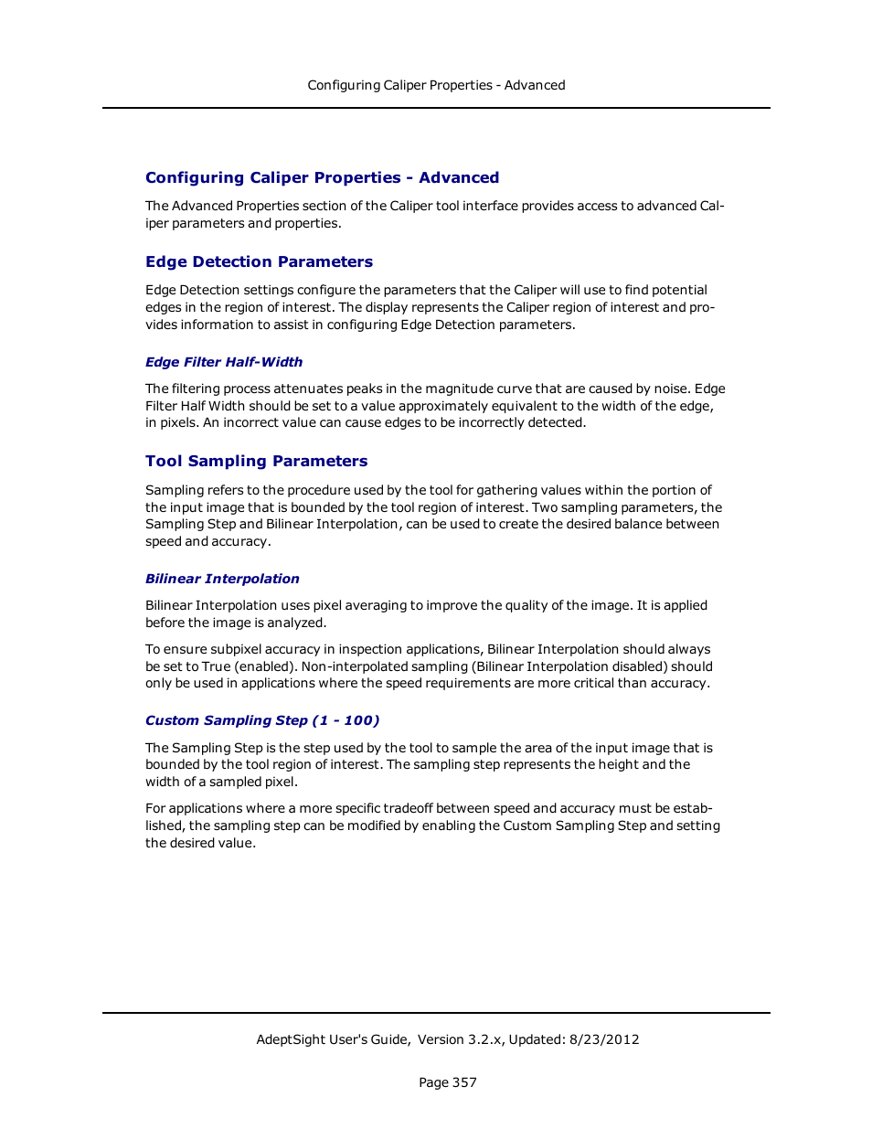 Configuring caliper properties - advanced, Edge detection parameters, Tool sampling parameters | Adept AdeptSight User Guide User Manual | Page 357 / 646