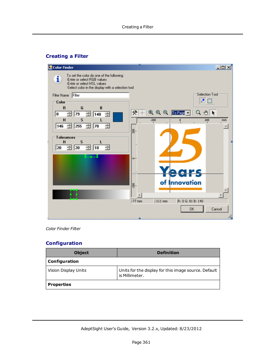 Creating a filter, Configuration | Adept AdeptSight User Guide User Manual | Page 361 / 646