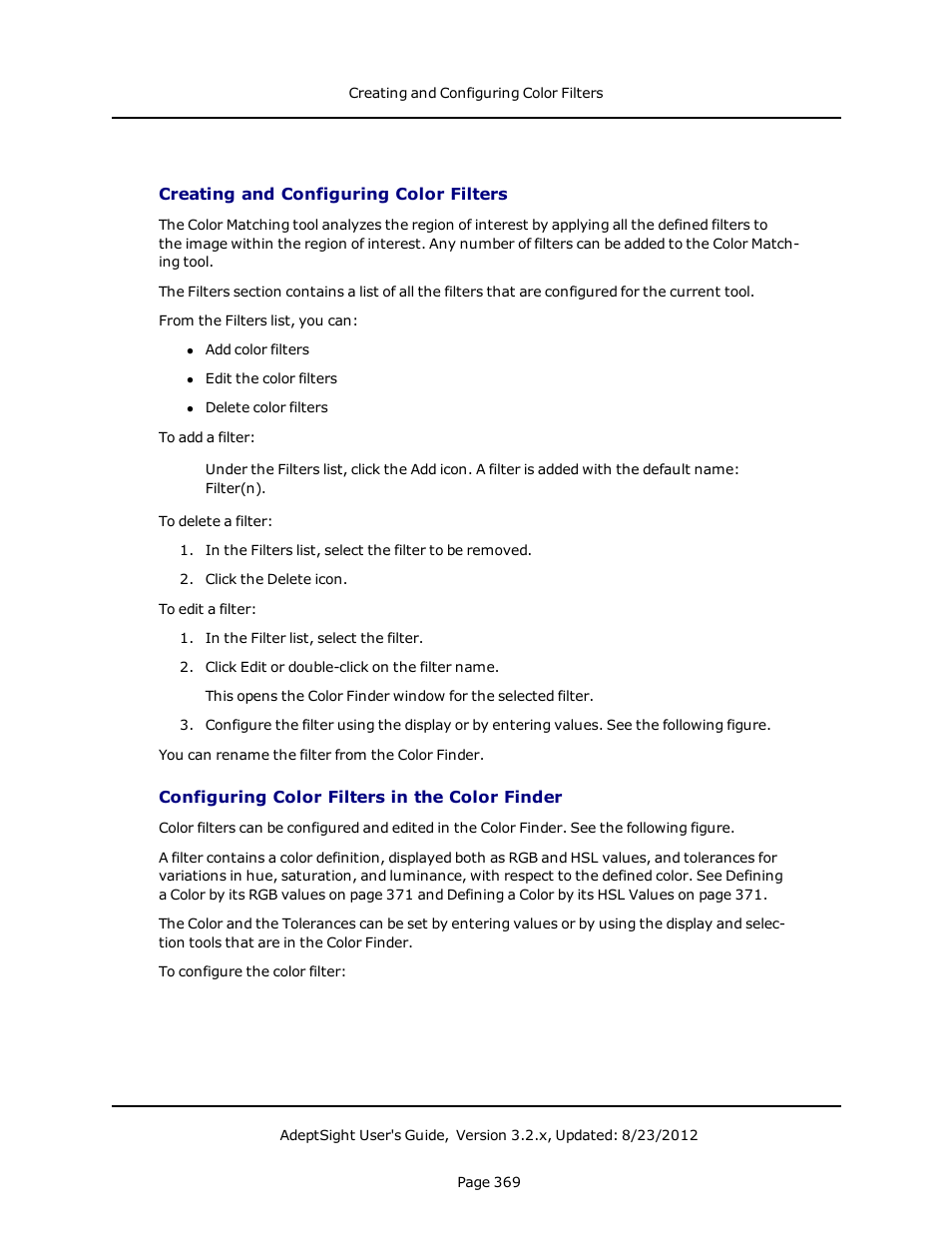 Creating and configuring color filters, Configuring color filters in the color finder | Adept AdeptSight User Guide User Manual | Page 369 / 646