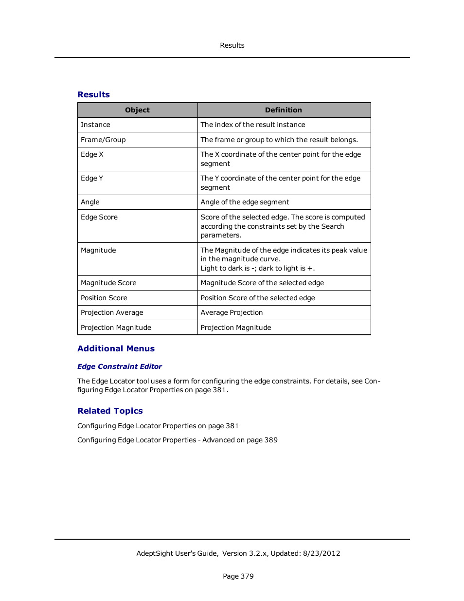 Results, Additional menus, Related topics | Adept AdeptSight User Guide User Manual | Page 379 / 646