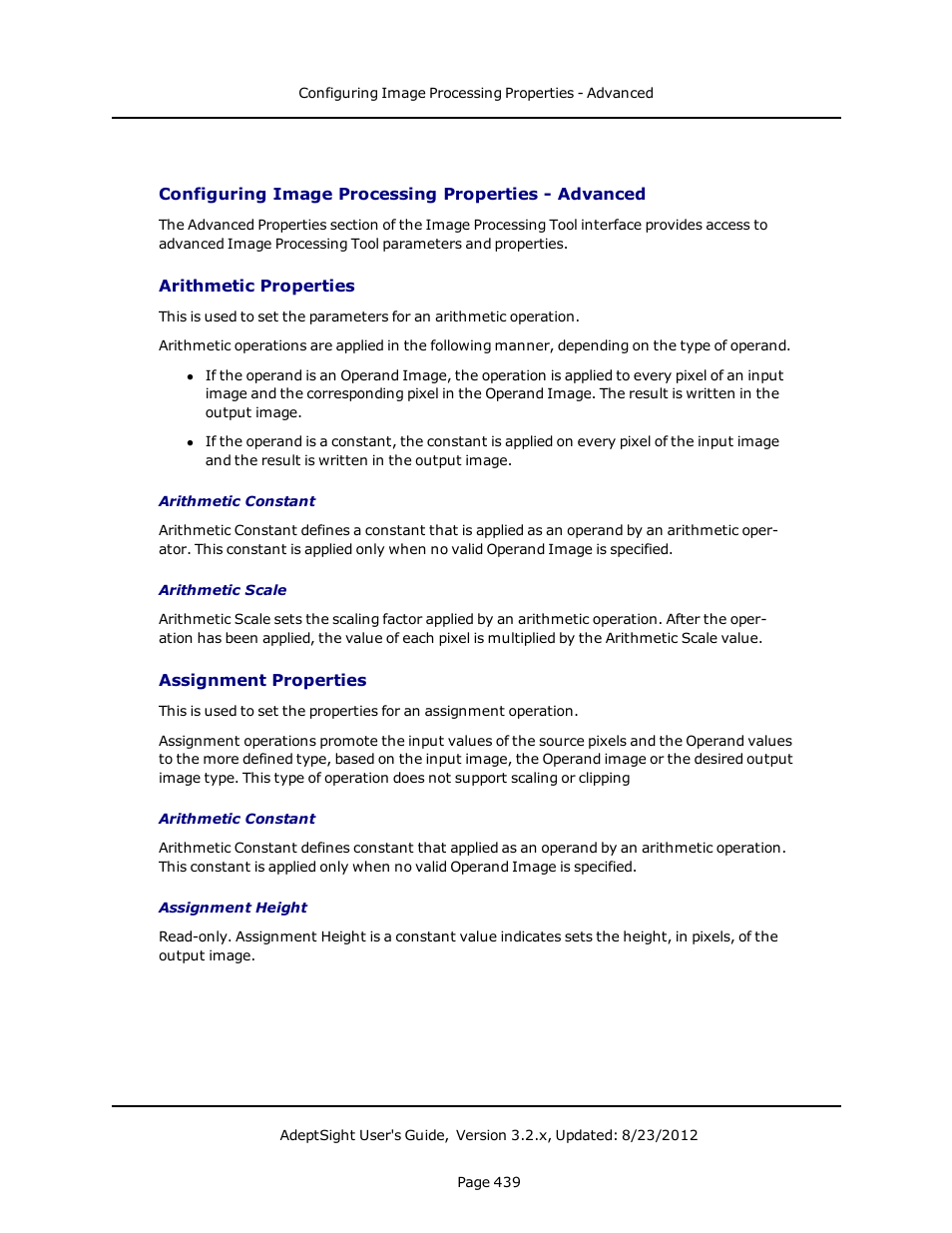 Configuring image processing properties - advanced, Arithmetic properties, Assignment properties | Adept AdeptSight User Guide User Manual | Page 439 / 646