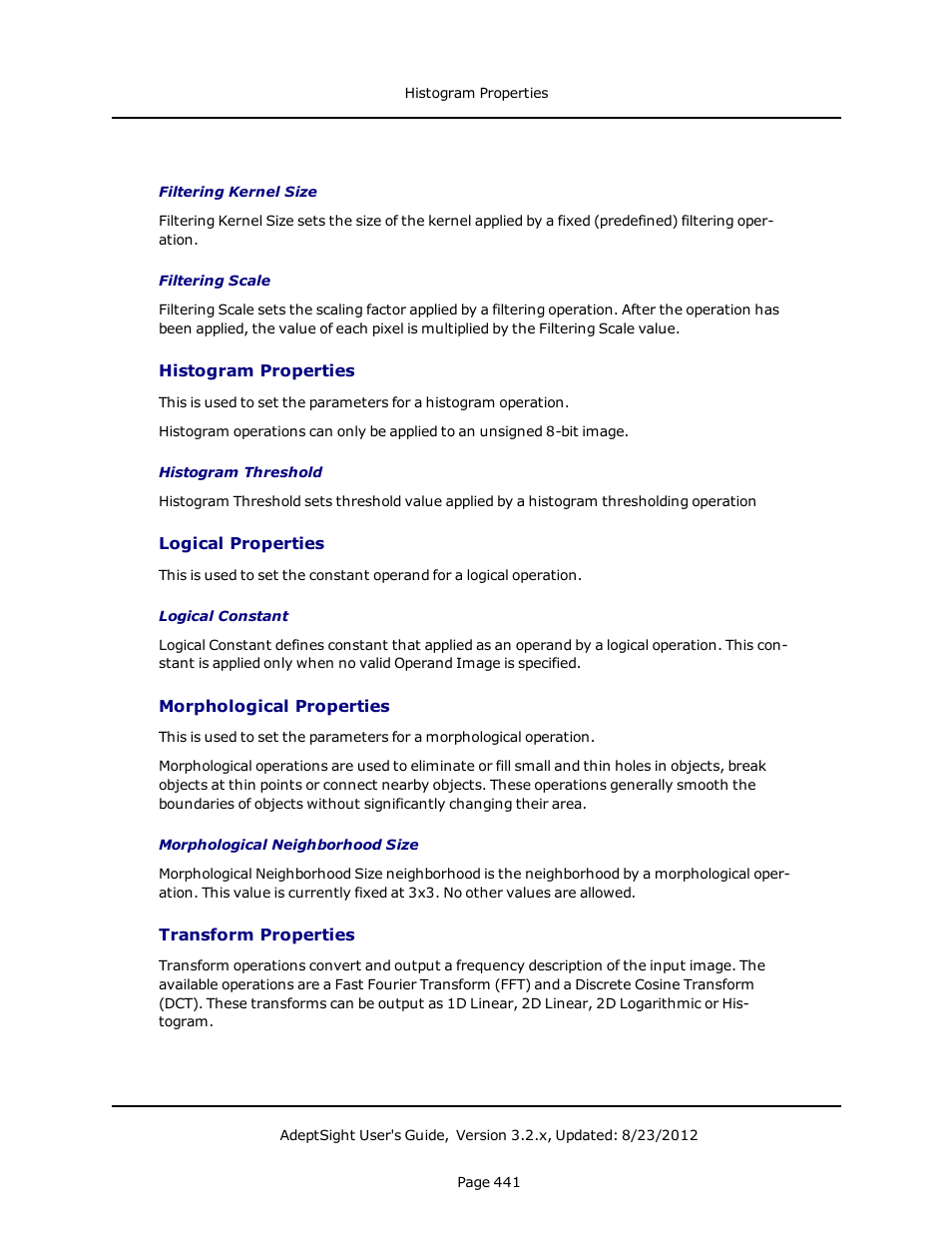 Histogram properties, Logical properties, Morphological properties | Transform properties | Adept AdeptSight User Guide User Manual | Page 441 / 646