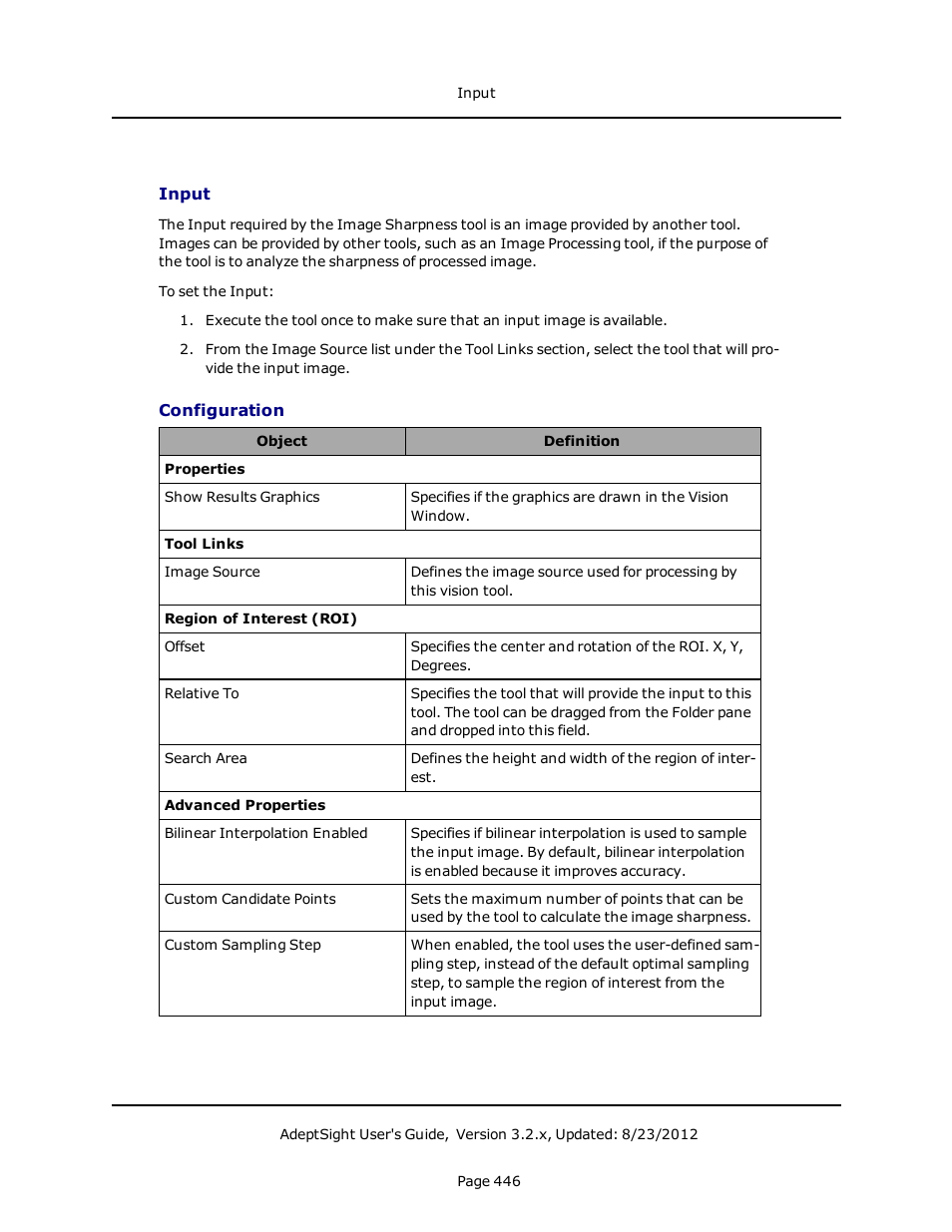 Input, Configuration | Adept AdeptSight User Guide User Manual | Page 446 / 646