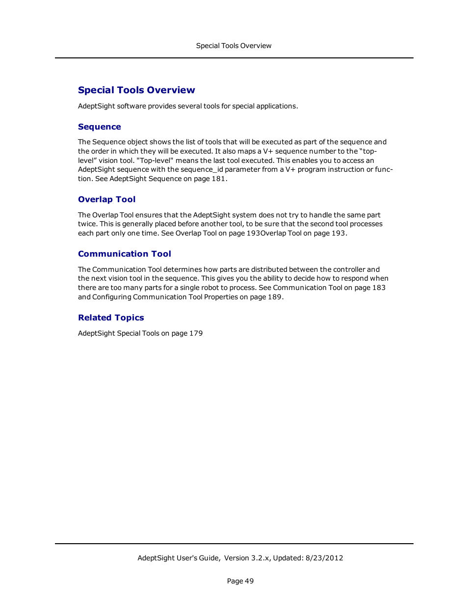 Special tools overview, Sequence, Overlap tool | Communication tool, Related topics | Adept AdeptSight User Guide User Manual | Page 49 / 646