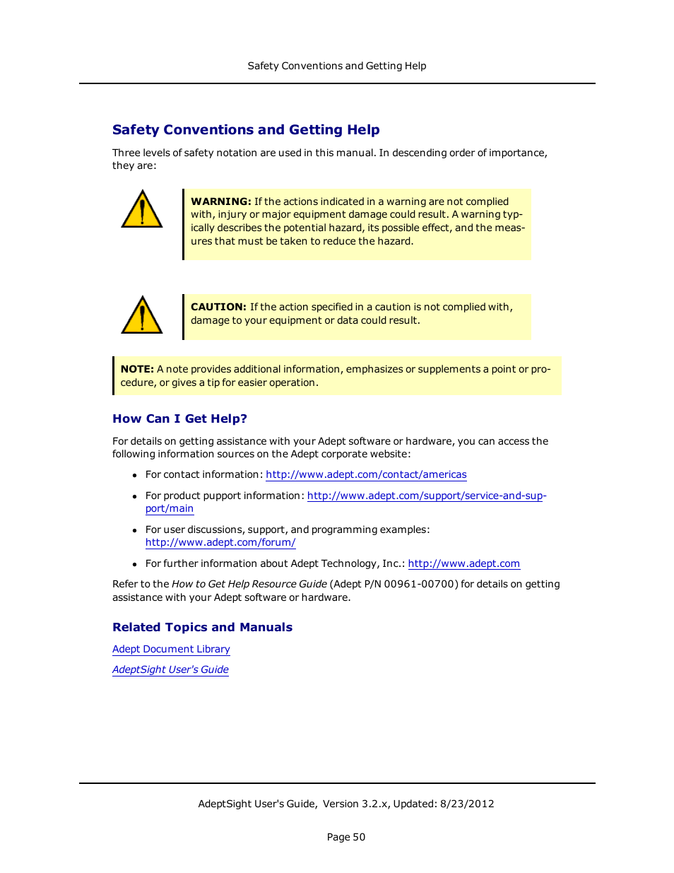 Safety conventions and getting help, How can i get help, Related topics and manuals | Adept AdeptSight User Guide User Manual | Page 50 / 646