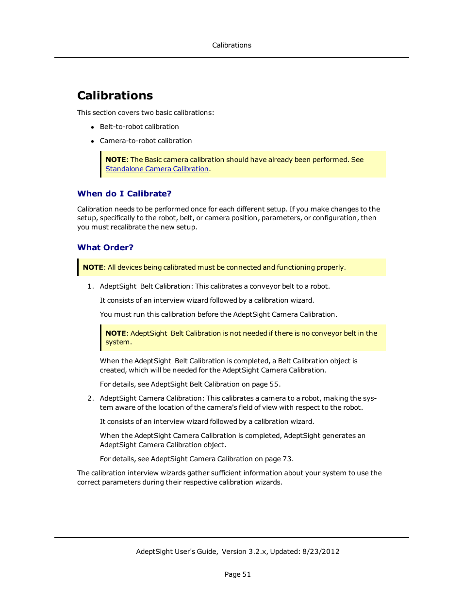 Calibrations, When do i calibrate, What order | Adept AdeptSight User Guide User Manual | Page 51 / 646