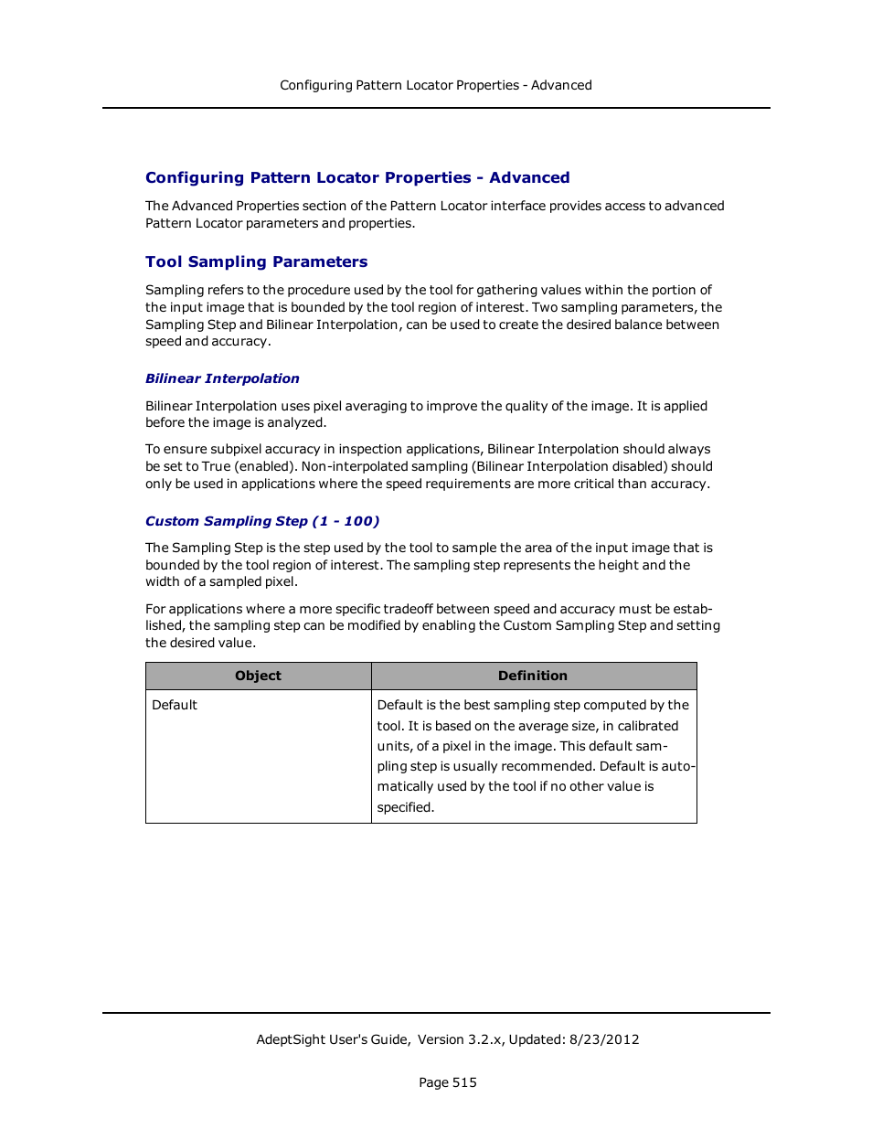 Configuring pattern locator properties - advanced, Tool sampling parameters | Adept AdeptSight User Guide User Manual | Page 515 / 646