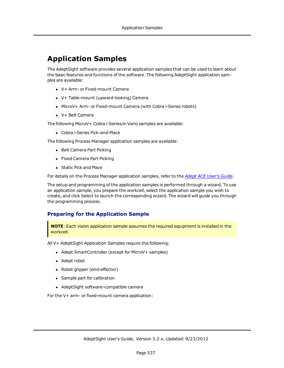 Application samples, Preparing for the application sample | Adept AdeptSight User Guide User Manual | Page 537 / 646