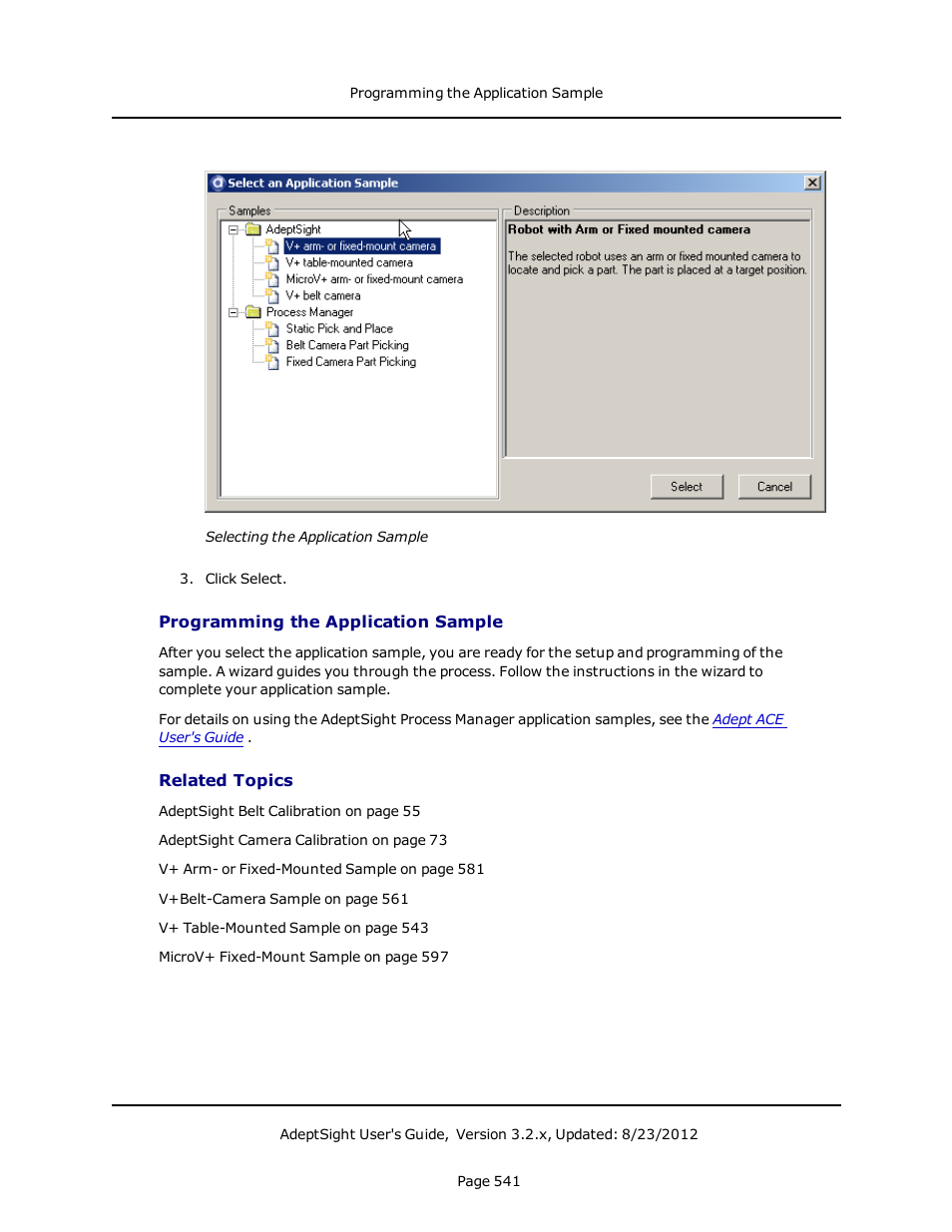 Programming the application sample, Related topics | Adept AdeptSight User Guide User Manual | Page 541 / 646