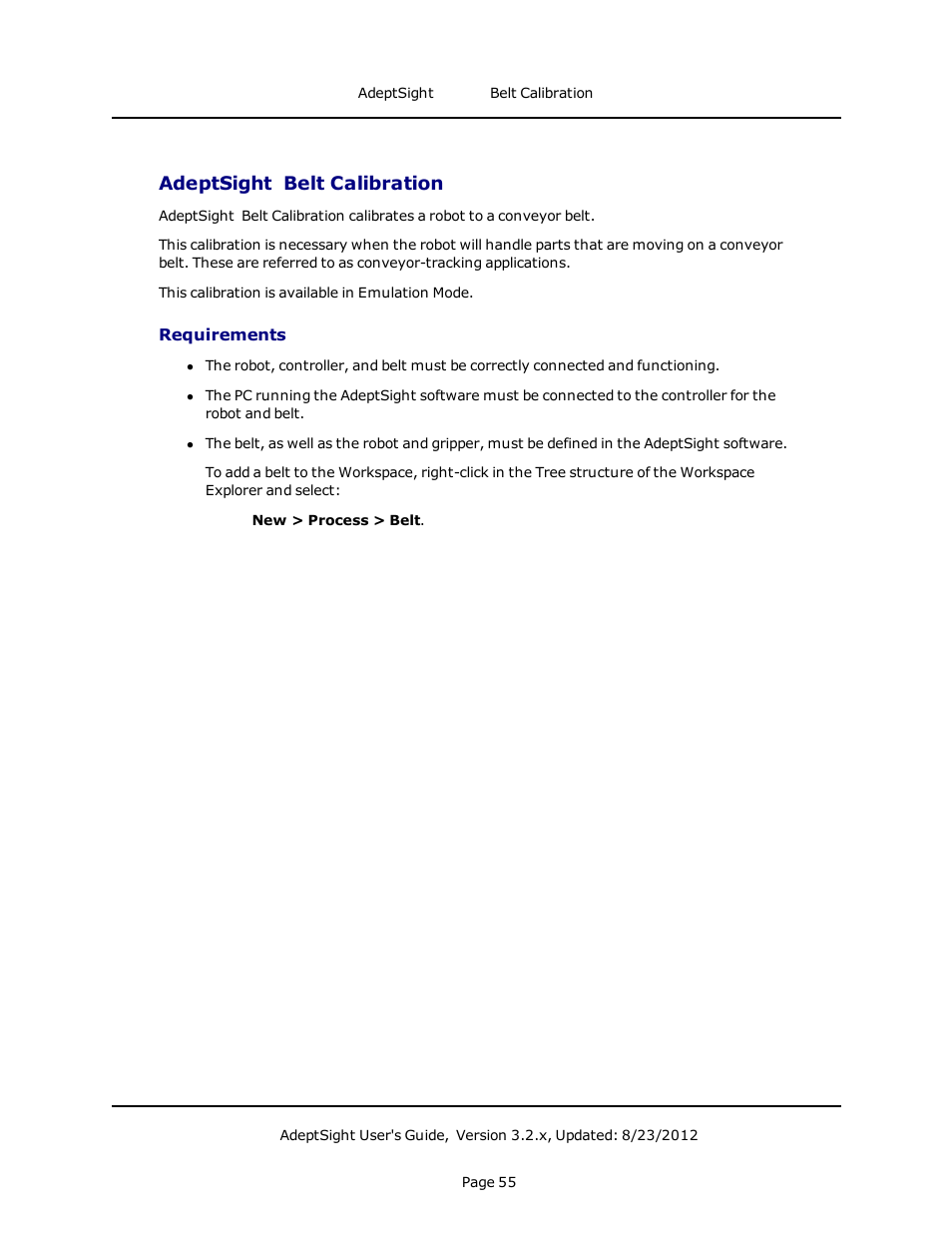 Adeptsight belt calibration, Requirements | Adept AdeptSight User Guide User Manual | Page 55 / 646