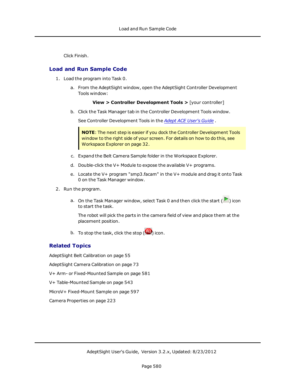 Load and run sample code, Related topics | Adept AdeptSight User Guide User Manual | Page 580 / 646