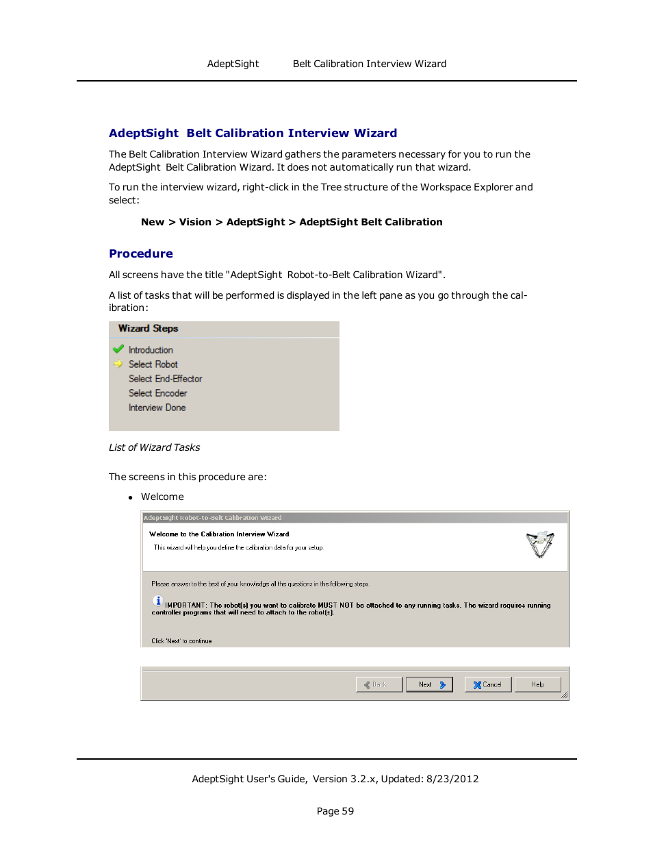 Adeptsight belt calibration interview wizard, Procedure | Adept AdeptSight User Guide User Manual | Page 59 / 646