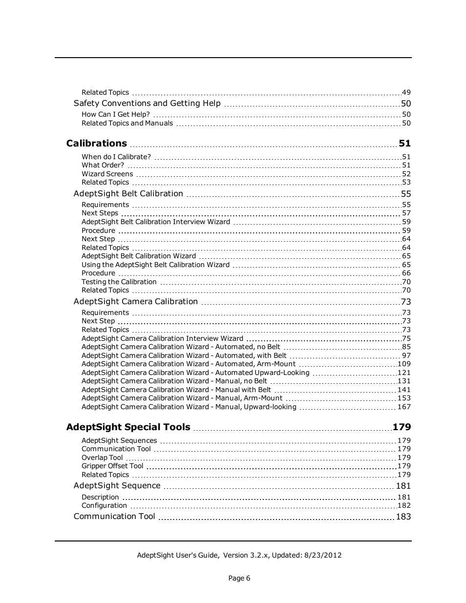 Calibrations 51, Adeptsight special tools 179 | Adept AdeptSight User Guide User Manual | Page 6 / 646