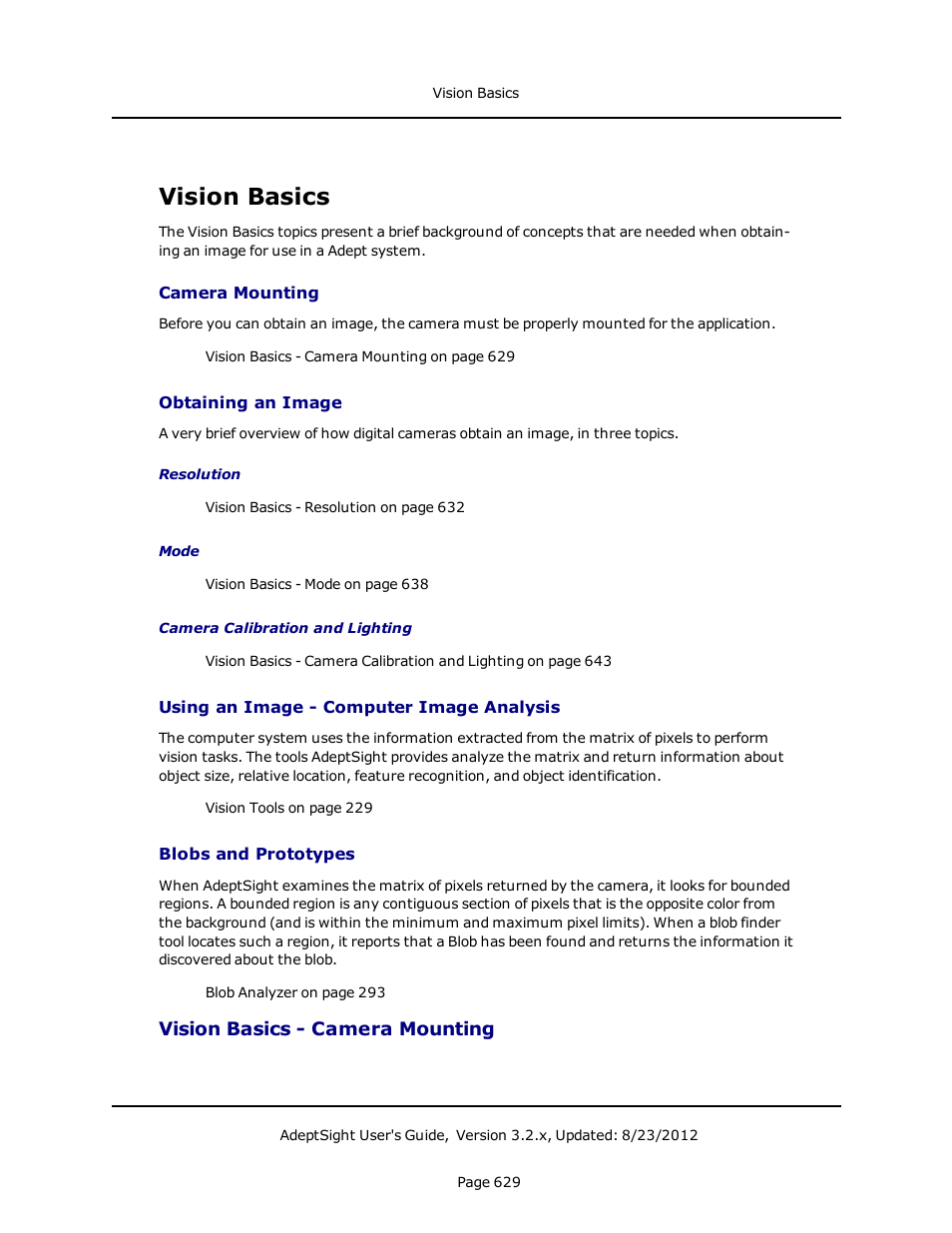 Vision basics, Camera mounting, Obtaining an image | Using an image - computer image analysis, Blobs and prototypes, Vision basics - camera mounting | Adept AdeptSight User Guide User Manual | Page 629 / 646