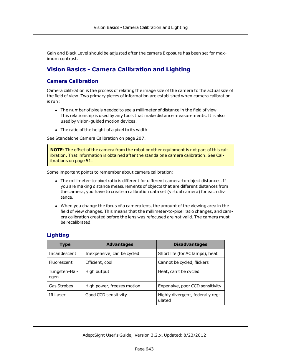 Vision basics - camera calibration and lighting, Camera calibration, Lighting | Adept AdeptSight User Guide User Manual | Page 643 / 646