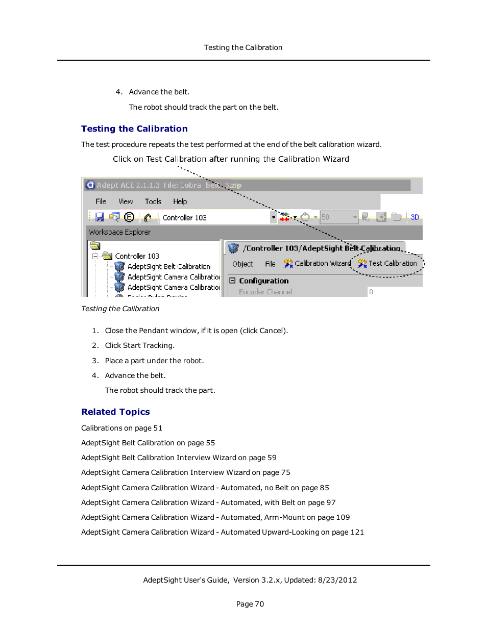 Testing the calibration, Related topics | Adept AdeptSight User Guide User Manual | Page 70 / 646