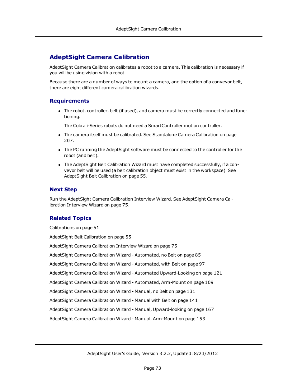 Adeptsight camera calibration, Requirements, Next step | Related topics | Adept AdeptSight User Guide User Manual | Page 73 / 646