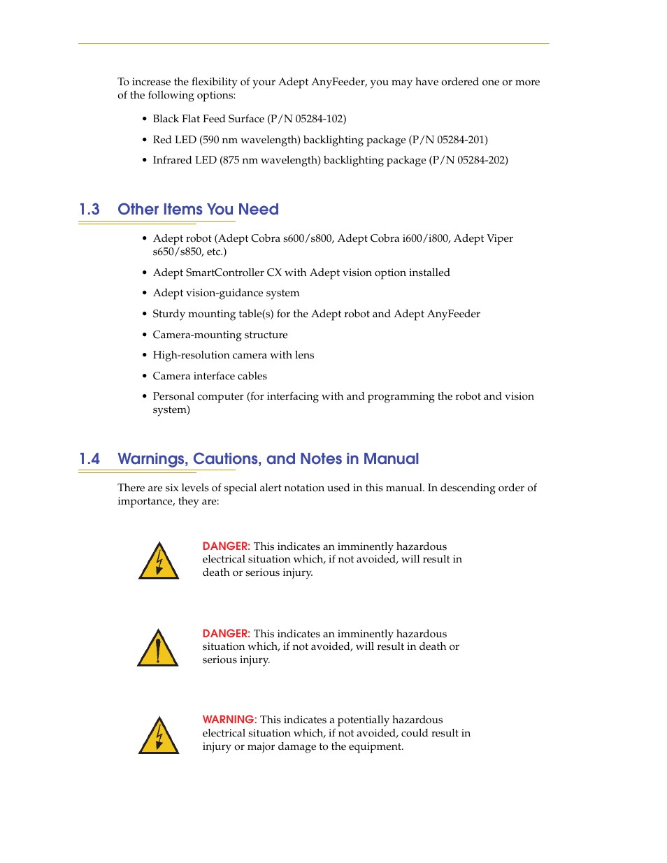 3 other items you need, 4 warnings, cautions, and notes in manual, Section 1.3 | Adept AnyFeeder User Manual | Page 12 / 68