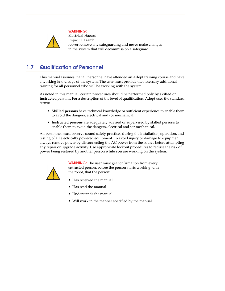 7 qualification of personnel, Section 1.7, For the | Adept AnyFeeder User Manual | Page 14 / 68