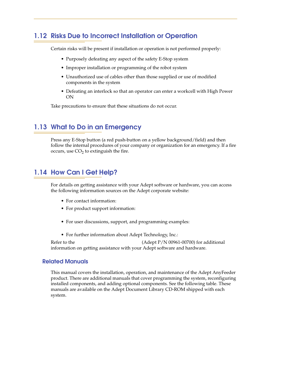 13 what to do in an emergency, 14 how can i get help, Related manuals | Adept AnyFeeder User Manual | Page 16 / 68