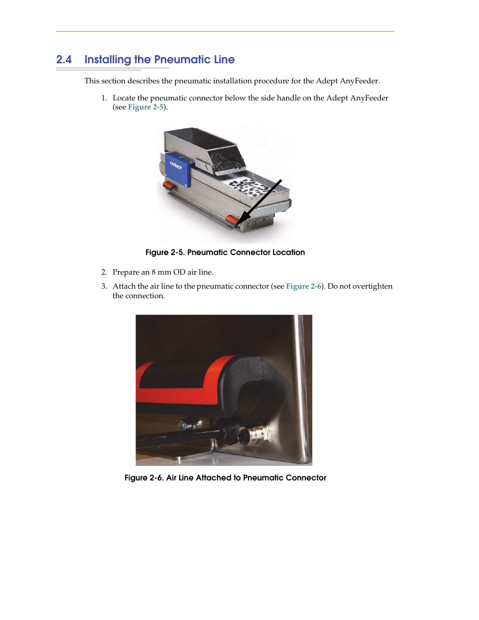 4 installing the pneumatic line, Figure 2-5. pneumatic connector location | Adept AnyFeeder User Manual | Page 24 / 68