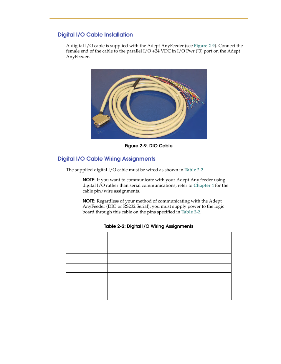 Digital i/o cable installation, Digital i/o cable wiring assignments, Figure 2-9. dio cable | Adept AnyFeeder User Manual | Page 27 / 68