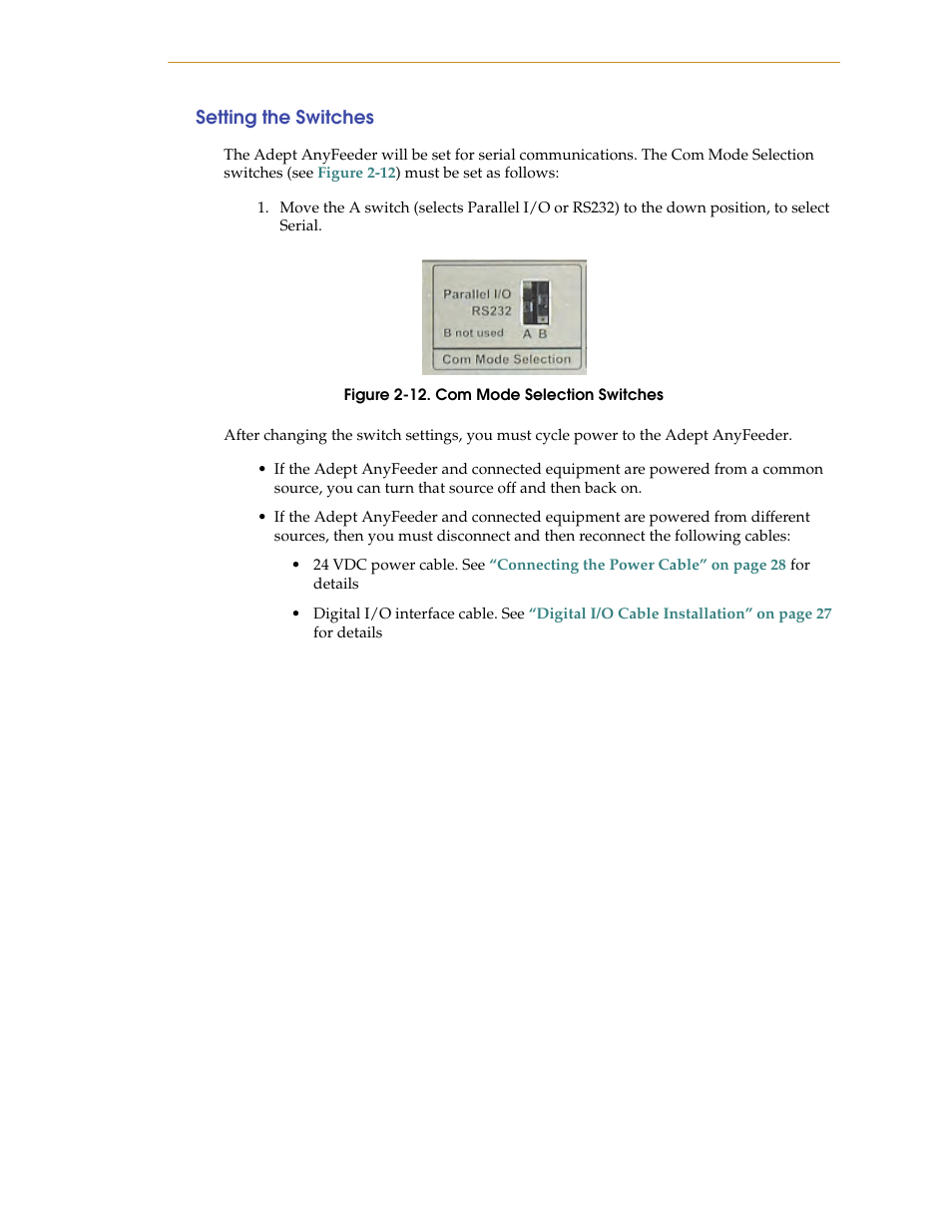 Setting the switches, Figure 2-12. com mode selection switches | Adept AnyFeeder User Manual | Page 29 / 68
