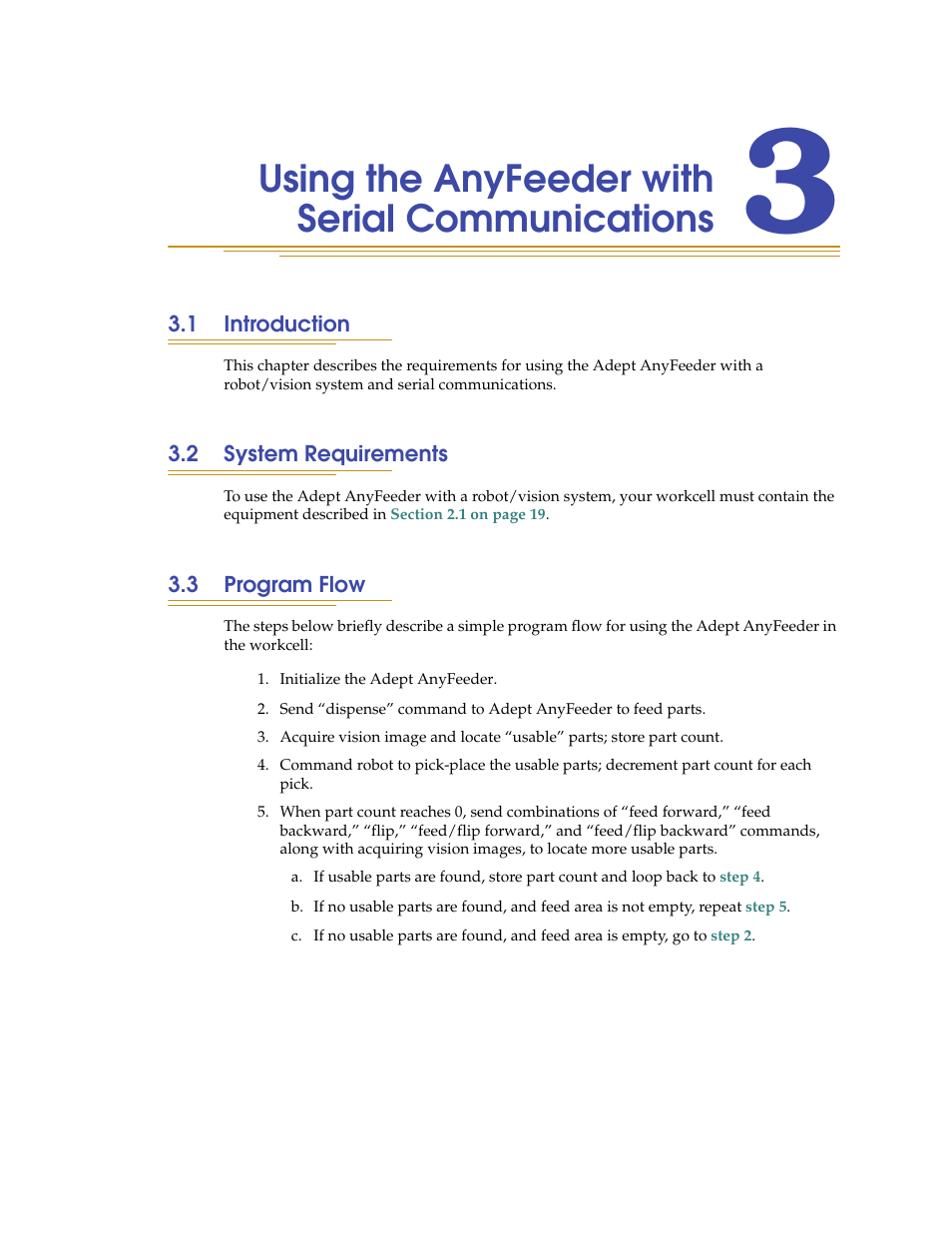 Using the anyfeeder with serial communications, 1 introduction, 2 system requirements | 3 program flow | Adept AnyFeeder User Manual | Page 31 / 68