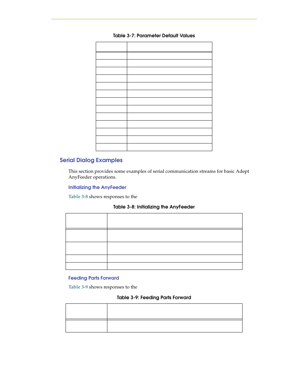 Serial dialog examples, Initializing the anyfeeder, Feeding parts forward | Initializing the anyfeeder feeding parts forward | Adept AnyFeeder User Manual | Page 39 / 68