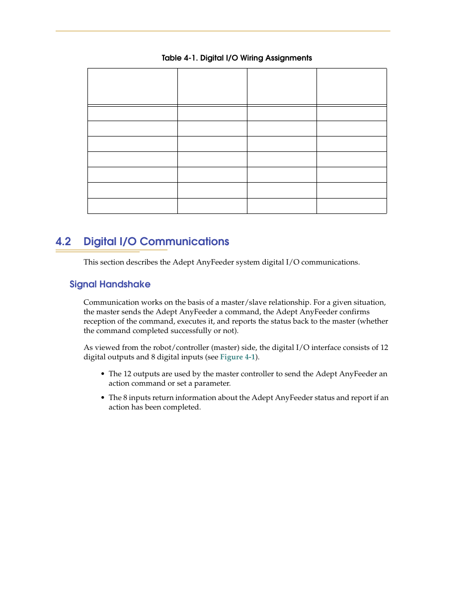 2 digital i/o communications, Signal handshake | Adept AnyFeeder User Manual | Page 44 / 68
